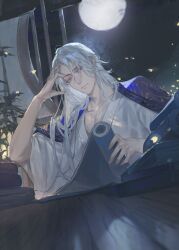  1boy bamboo black_cape book book_stack cape chinese_clothes closed_mouth fireflies frown full_moon hanfu holding holding_scroll hua_yi_shanxin_zhiyue indoors male_focus moon night official_art parted_bangs purple_eyes reading robe round_window scroll solo table upper_body white_hair white_robe window wooden_table xia_qing 