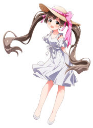  1girl :d armpit_crease arms_behind_back bare_legs bare_shoulders blush bow breasts brown_hair cleavage clothing_cutout collarbone commentary_request dress floating_hair frilled_dress frills full_body goma_konbu hair_ribbon hakozaki_serika hand_on_own_arm hat hat_bow hat_ribbon highres idolmaster idolmaster_million_live! leaning_forward lone_nape_hair long_hair looking_at_viewer looking_to_the_side official_style open_mouth orange_eyes pink_bow pink_ribbon plaid plaid_bow plaid_ribbon ribbon short_sleeves shoulder_cutout simple_background small_breasts smile solo standing straw_hat sun_hat swept_bangs tachi-e tareme three_quarter_view turning_head twintails very_long_hair white_background white_bow white_dress white_footwear white_ribbon yellow_hat 