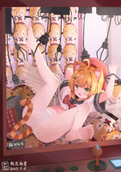  1girl absurdres ahoge animal_ears artist_name black_sailor_collar blue_panties book bow bow_panties bowtie cat_ears cat_girl cat_tail character_doll chinese_commentary chinese_text crane_game crying date_shichuan_majiang dated feet grey_skirt gusset hair_bow hair_ornament highres in_crane_game navel no_shoes open_mouth orange_hair original panties panties_under_pantyhose pantyhose pleated_skirt red_bow red_bowtie restrained sailor_collar school_uniform serafuku shirt short_hair signature skirt soles solo stomach striped_clothes striped_panties stuffed_toy tail toes two-tone_panties underwear unworn_skirt wavy_mouth white_panties white_pantyhose white_shirt 
