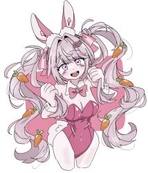  :d alice_(nikke) alice_(wonderland_bunny)_(nikke) animal_ears bare_shoulders blush breasts carrot_hair_ornament cleavage collarbone fake_animal_ears fake_tail food-themed_hair_ornament goddess_of_victory:_nikke hair_between_eyes hair_intakes hair_ornament holding holding_own_hair large_breasts leotard long_hair looking_at_viewer mdnsxxxx open_mouth pantyhose pink_eyes pink_hair pink_leotard playboy_bunny rabbit_ears rabbit_tail sidelocks smile strapless strapless_leotard tail twintails white_pantyhose 