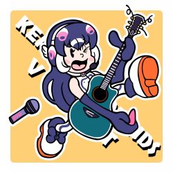 1girl african_penguin_(kemono_friends) guitar highres instrument kemono_friends kemono_friends_v_project looking_at_viewer microphone penguin_girl r1chardroe simple_background solo virtual_youtuber yellow_background