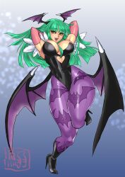  1girl armpits arms_behind_head boots breasts capcom cleavage covered_navel demon_girl fangs green_hair highres large_breasts legs leotard morrigan_aensland open_mouth smile solo thick_thighs thighs vampire_(game) yellow_eyes 