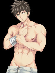  1boy bandages bara black_background brown_hair looking_at_viewer male_focus muscular nipples open_fly simple_background solo tagme topless_male unzipped xaperturex  rating:Questionable score:17 user:john07