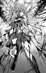  1girl animal_ears arm_belt atalanta_(fate) blood blood_from_mouth blood_on_face commentary_request dress fate/apocrypha fate_(series) full_body greyscale hair_spread_out highres ishida_akira long_hair looking_to_the_side monochrome parted_lips solo thighhighs torn_clothes torn_dress torn_thighhighs 