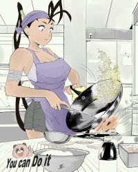  1girl antenna_hair apron bandaged_arm bandages black_hair breasts brown_eyes casual cleavage commentary_request cooking english_text fire flat_color flipping_food food fried_rice grey_shorts high_ponytail highres hiroshi_mono holding holding_spatula ibuki_(street_fighter) indoors kitchen large_breasts long_hair purple_apron purple_bandana shorts solo spatula stove street_fighter sweatdrop very_long_hair wok 