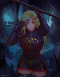  1girl absurdres armor blonde_hair curvy green_eyes highres injury leinas_rockbruise long_hair mole mole_under_mouth noaqin overlord_(maruyama) scar solo tears thick_thighs thighs wide_hips  rating:Questionable score:30 user:robertjhsmith