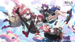  4girls arknights arm_up bahao_diqiu belt black_belt black_footwear black_gloves black_skirt blue_hair boots closed_mouth cross-laced_footwear exusiai_(arknights) fiammetta_(arknights) fingerless_gloves full_body gloves hair_over_one_eye halo highres jacket lemuen_(arknights) long_hair long_sleeves looking_at_viewer mostima_(arknights) multiple_girls official_art open_clothes open_jacket open_mouth pink_hair red_eyes red_hair shirt short_hair siblings sisters skirt smile white_shirt 