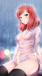 10s 1girl breasts highres looking_at_viewer love_live! love_live!_school_idol_project naked_shirt navel nishikino_maki purple_eyes rain red_hair shirt short_hair small_breasts solo thighhighs wet wet_clothes wet_shirt xiao_ren rating:Questionable score:65 user:danbooru