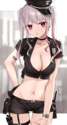 1girl barcode barcode_tattoo black_choker black_gloves black_hat black_shirt blouse blurry blush breasts choker cleavage collarbone commentary cowboy_shot crop_top cropped_jacket depth_of_field earrings garter_straps gloves grey_hair hand_on_own_hip hat highres jewelry kanju large_breasts long_hair looking_at_viewer midriff mole mole_under_eye navel no_bra open_clothes open_shorts original peaked_cap pink_eyes police police_uniform policewoman shirt short_shorts short_sleeves shorts shoulder_tattoo solo stomach symbol-only_commentary tattoo thigh_gap thigh_strap thighs twintails uniform watch weapon wristwatch rating:Sensitive score:43 user:danbooru