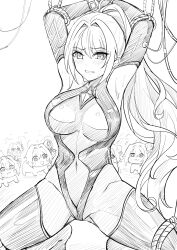 1girl armpits black_ark_ranger_(nikke) blush bodysuit bound bound_arms breasts clenched_teeth covered_navel doro_(nikke) goddess_of_victory:_nikke greyscale hair_intakes large_breasts long_hair monochrome ponytail solo spread_legs squatting sweat teeth yougenko