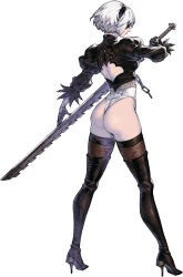  1girl ass back_cutout black_blindfold black_footwear black_hairband blindfold boots chain clothing_cutout covered_eyes feather-trimmed_sleeves feather_trim full_body hairband high_heels highleg highleg_leotard highres holding holding_sword holding_weapon huge_ass juliet_sleeves leotard long_sleeves nier_(series) nier_reincarnation non-web_source official_art profile puffy_sleeves solo standing sword thigh_boots thighhighs thighhighs_under_boots thong_leotard transparent_background weapon wide_hips 2b_(nier:automata) yoshida_akihiko  rating:General score:75 user:danbooru