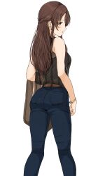  1girl ass bare_shoulders bracelet brown_hair commentary_request denim feet_out_of_frame from_behind gatsby_ssl half_updo highres idolmaster idolmaster_cinderella_girls jacket jeans jewelry long_hair looking_at_viewer looking_back mifune_miyu pants see-through see-through_shirt see-through_silhouette shirt simple_background sleeveless sleeveless_shirt solo straight_hair unworn_jacket white_background 