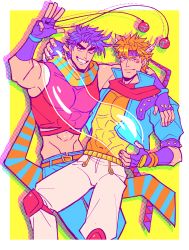  2boys alternate_color arm_around_shoulder bare_shoulders battle_tendency belt belt_buckle blue_jacket blue_pants blue_scarf bola_(weapon) bubble buckle caesar_anthonio_zeppeli catneylang clacker closed_mouth clothing_cutout colored_shadow colorful commentary covered_abs covered_navel crop_top drop_shadow english_commentary facial_mark feathers fingerless_gloves gloves grin hair_feathers hand_on_another&#039;s_shoulder hand_up headband highres jacket jojo_no_kimyou_na_bouken joseph_joestar_(young) knee_pads looking_at_viewer male_focus multicolored multicolored_clothes multicolored_scarf multiple_boys multiple_sources muscular muscular_male navel one_eye_closed orange_belt orange_hair orange_scarf orange_shirt pants pectorals popped_collar purple_eyes purple_gloves purple_hair scarf screentones shadow shirt short_hair sleeveless smile striped striped_scarf tank_top triangle_print white_pants 