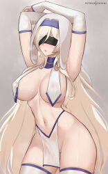  1girl armpits arms_up bare_shoulders blindfold blonde_hair blue_choker breast_curtains breasts choker commentary cowboy_shot detached_sleeves goblin_slayer! groin habit highres hioyami large_breasts loincloth long_sleeves navel no_panties parted_lips pelvic_curtain solo standing stomach sword_maiden thighhighs thighs white_thighhighs 