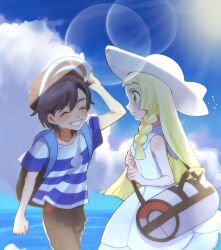  1boy 1girl aria_pkmn arm_up bag black_hair blonde_hair braid clenched_hand closed_eyes closed_mouth cloud commentary_request creatures_(company) day dress duffel_bag elio_(pokemon) eyelashes game_freak green_eyes grin hat highres holding_strap lens_flare lillie_(pokemon) long_hair looking_at_another nintendo outdoors pants pokemon pokemon_sm shirt short_sleeves sky sleeveless sleeveless_dress smile sun_hat t-shirt teeth white_dress white_hat 