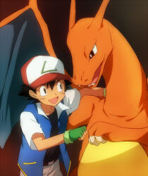  1boy ash_ketchum black_hair charizard creatures_(company) fangs fingerless_gloves fist_bump game_freak gen_1_pokemon gloves green_gloves hand_on_another&#039;s_shoulder hat long_neck looking_at_another male_focus maruki_(punchiki) nintendo open_mouth pokemon pokemon_(anime) pokemon_(classic_anime) pokemon_(creature) short_sleeves 