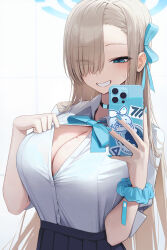  1girl absurdres arona_(blue_archive) asuna_(blue_archive) bad_id bad_twitter_id black_skirt blue_archive blue_bow blue_bowtie blue_bra blue_eyes blue_nails blue_ribbon blue_scrunchie blush bow bowtie bra bra_visible_through_clothes breasts brown_hair cellphone channel_(_caststation) chibi choker cleavage collarbone collared_shirt flashing grin hair_ornament hair_over_one_eye hair_ribbon highres holding holding_phone large_breasts light_brown_hair long_hair looking_at_viewer mole mole_on_breast phone pleated_skirt ribbon school_uniform scrunchie selfie shirt short_sleeves skirt smartphone smile solo sweat swept_bangs teeth underwear upper_body white_shirt wrist_scrunchie  rating:Sensitive score:68 user:danbooru