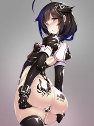 10s 1girl abyssal_ship ahoge ass ass_tattoo barcode barcode_tattoo black_hair blue_eyes blush breasts collar corruption dark_persona earrings gloves gradient_background hair_ornament hair_over_shoulder heart heart-shaped_pupils highleg highleg_leotard highres huge_ass jewelry kantai_collection latex leotard looking_at_viewer looking_back open_mouth pussy_juice sailor_collar shigure_(kancolle) slave small_breasts solo standing symbol-shaped_pupils tattoo thighhighs torisan wide_hips rating:Explicit score:89 user:danbooru
