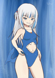  absurdres ass blue_eyes cameltoe fins fish_tail gawr_gura grin highres hololive hololive_english legs navel shark_tail sharp_teeth smile swimsuit tail teeth uzyuzyy virtual_youtuber water wet white_hair wide_hips  rating:Questionable score:32 user:foofoofu
