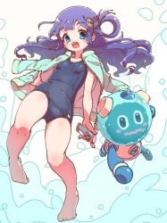  1girl :o aquaman.exe asari_nanami bad_id bad_twitter_id barefoot blue_eyes blue_hair blue_one-piece_swimsuit blunt_bangs breasts commentary_request controller covered_navel crossover full_body highres holding holding_remote_control idolmaster idolmaster_cinderella_girls inactive_account jacket jacket_on_shoulders long_hair looking_at_viewer mega_man_(series) mega_man_battle_network_(series) one-piece_swimsuit open_mouth remote_control robot ruru_ashihara school_swimsuit single_hair_ring small_breasts solo standing standing_on_one_leg swimsuit water white_background 