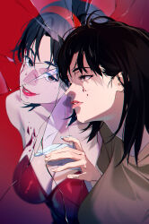  2girls absurdres bare_shoulders black_hair blood blood_on_face breasts broken_glass brown_eyes brown_hair brown_shirt cleavage commentary_request different_reflection dual_persona empty_eyes exhausted glass gloves hairband highres ibaraki_shun kirigoe_mima large_breasts looking_at_another messy_hair multiple_girls open_mouth parted_bangs perfect_blue pink_lips red_background red_hairband red_lips reflection shirt short_hair smile upper_body white_gloves 