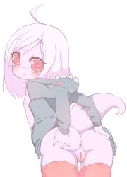  1girl :3 anus ass bottomless cleft_of_venus female_focus flat_chest from_behind loli looking_back monster_girl niniidawns pink_eyes pussy salamander shark_hoodie solo tail uncensored wa_moe white_hair  rating:Explicit score:137 user:ProofMe