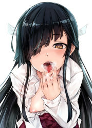 10s 1girl absurdres black_hair blush breasts brown_eyes hair_over_one_eye hair_ribbon hayashimo_(kancolle) highres kantai_collection long_hair looking_at_viewer maki_(maki_pei) nipples open_mouth oral_invitation ribbon saliva school_uniform solo very_long_hair rating:Questionable score:68 user:danbooru