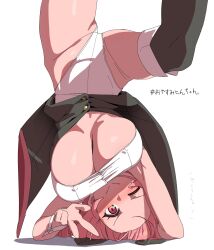  1girl bangs_pinned_back black_thighhighs blush breasts closed_mouth commentary_request forehead gluteal_fold headstand highres huge_breasts leotard looking_at_viewer miton-chan_(miton_(turuyasann)) miton_(turuyasann) one_eye_closed original pink_eyes pink_hair simple_background smile solo sweat thighhighs thighs top-down_bottom-up translation_request underboob upside-down w white_background white_leotard white_wrist_cuffs wrist_cuffs 