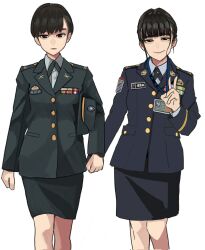  2girls black_eyes black_hair black_jacket blue_jacket character_request closed_mouth collared_shirt commentary cowboy_shot eyebrows_hidden_by_hair grey_shirt hat highres holding_hands jacket long_sleeves looking_at_viewer military military_uniform mole mole_under_eye multiple_girls original republic_of_china_army shirt simple_background smile symbol-only_commentary uniform unworn_hat unworn_headwear v wani_(perfect_han) white_background 