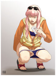  00s 1girl azasuke censored cleanup closed_eyes feet female_pubic_hair long_hair macross macross_frontier mosaic_censoring panties panty_pull pink_hair pubic_hair pussy sandals sheryl_nome solo squatting sunglasses tiptoes toes underwear wiping 