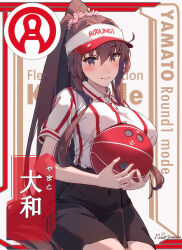  1girl alternate_costume artist_name ball black_skirt black_socks bowling bowling_ball breasts brown_hair cherry_blossoms commentary_request english_text flower hair_between_eyes hair_flower hair_intakes hair_ornament headgear highres himeyamato holding holding_ball huge_breasts kantai_collection long_hair miniskirt mixed-language_commentary ponytail red_eyes shirt short_sleeves sidelocks skirt smile socks solo striped_clothes striped_shirt translated umbrella vertical-striped_clothes vertical-striped_shirt very_long_hair visor_cap yamato_(kancolle) 