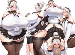  1boy 1girl age_difference ass bare_shoulders between_breasts black_panties black_thighhighs blush breasts covered_erect_nipples curvy dress faceless faceless_male girl_on_top glasses grey_hair happy head_between_breasts head_pat heart heart-shaped_pupils highres hug huge_ass huge_breasts interlocked_fingers labiata_(last_origin) last_origin long_hair maid mature_female namamo_(kura) navel onee-shota open_mouth own_hands_together panties plump prototype_labiata red_eyes shota size_difference smile standing symbol-shaped_pupils taut_clothes thick_thighs thighhighs thighs underwear updo white_background zettai_ryouiki  rating:Questionable score:3 user:Orphan_crippler