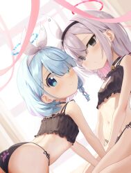  2girls absurdres all_fours arona_(blue_archive) bare_shoulders black_bra black_eyes black_hairband black_panties blue_archive blue_eyes blue_hair blunt_bangs blush bow_hairband bra commentary_request curtains day dutch_angle frilled_bra frills grey_hair hairband halo highres indoors light_smile loli long_hair looking_back monmo_mu multiple_girls navel panties partial_commentary paw_print pink_hair plana_(blue_archive) short_hair sitting underwear underwear_only white_hairband 