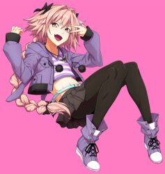  1boy astolfo_(fate) astolfo_(memories_at_trifas)_(fate) belt black_bow black_pantyhose black_skirt bow braid cropped_jacket cropped_shirt crossdressing fang fate/apocrypha fate/grand_order fate_(series) full_body hair_bow hair_intakes hair_ornament high_tops jacket jewelry long_braid long_hair male_focus navel necklace pantyhose pink_background pink_eyes pink_hair pleated_skirt purple_footwear purple_jacket sami_(object_dump) shirt shoes simple_background single_braid skin_fang skirt sneakers solo striped_clothes striped_shirt toned toned_male toned_stomach trap w w_over_eye 