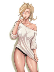  1girl blonde_hair blue_eyes brushing_teeth highres looking_at_viewer mercy_(overwatch) off_shoulder overwatch overwatch_1 panties shirt simple_background solo thighs toothbrush underwear white_background  rating:Questionable score:43 user:Manlet
