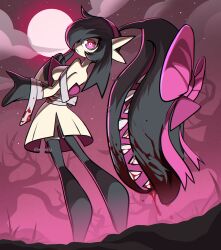  1girl bandages black_hair blood bow cloud creatures_(company) diviously extra_mouth full_body full_moon fusion game_freak gardevoir gen_3_pokemon hair_bow highres looking_at_viewer mawile moon night night_sky nintendo pink_bow pokemon pokemon_(creature) red_eyes ribbon sky solo teeth tree 