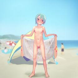 1boy 2girls aqua_hair barefoot beach blue_sky blurry blurry_background blush brown_eyes cleft_of_venus closed_mouth collarbone day depth_of_field exhibitionism flashing flat_chest hair_between_eyes loli looking_at_viewer multiple_girls naked_towel navel nipples nude ocean open_towel original outdoors presenting public_indecency pussy pussy_juice pussy_juice_trail sand short_hair sky small_areolae small_nipples smile solo_focus standing sweat towel translated uncensored water yamada_(gotyui) rating:Explicit score:600 user:danbooru