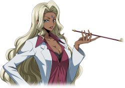  1girl artist_request black_bra blonde_hair blue_eyes bra bra_peek breasts cleavage coat code_geass code_geass:_lost_stories collarbone collared_shirt cropped_torso dark-skinned_female dark_skin facial_mark female_focus forehead forehead_mark game_cg half-closed_eyes hand_up highres holding holding_smoking_pipe hookah lipstick long_hair long_sleeves looking_at_viewer makeup medium_breasts non-web_source official_art open_clothes open_coat open_shirt parted_lips rakshata_chawla red_lips red_shirt shirt sidelocks simple_background smoking_pipe solo standing teeth transparent_background underwear upper_body v-shaped_eyebrows white_coat 