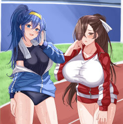  2girls absurdres alternate_costume alternate_hairstyle blue_eyes blue_hair blurry blurry_background brand_of_the_exalt breasts brown_eyes brown_hair buruma cowboy_shot depth_of_field fire_emblem fire_emblem_awakening fire_emblem_fates gym_uniform hair_between_eyes hair_over_one_eye hairband highres huge_breasts jacket kagero_(fire_emblem) long_hair looking_at_viewer lucina_(fire_emblem) medium_breasts multiple_girls nintendo open_mouth outdoors ponytail running_track rynn_(darknescorez) smile sweat towel track_and_field track_jacket track_uniform wiping_sweat 