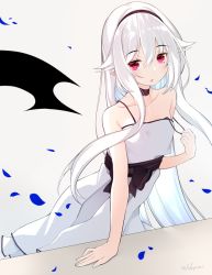  1girl :o aphilia_(kiyomin) bare_arms bare_shoulders black_bow black_hairband black_wings bow collarbone commentary_request detached_wings dress grey_background hair_between_eyes hairband highres kiyomin long_hair looking_at_viewer original parted_lips petals pleated_dress red_eyes single_wing sleeveless sleeveless_dress solo strap_slip very_long_hair white_dress white_hair wings 