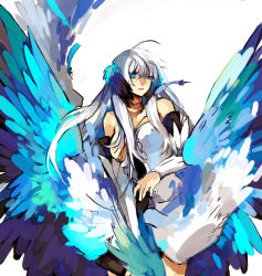  1girl breasts dress feathers gwendolyn_(odin_sphere) long_hair medium_breasts nipples odin_sphere aged_up solo starshadowmagician strapless strapless_dress wings  rating:Questionable score:6 user:danbooru
