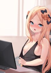  1girl abigail_williams_(fate) bare_arms bare_shoulders black_bow black_tank_top blonde_hair blue_eyes blush bow bra breasts chair clothes_pull collarbone commentary_request dot_nose fate/grand_order fate_(series) forehead hair_bow hair_ornament highres indoors keyboard_(computer) long_hair looking_at_viewer milkshakework monitor no_bra office_chair on_chair open_mouth orange_bow parted_bangs polka_dot polka_dot_bow shirt_pull sidelocks sitting small_breasts solo sweat swivel_chair tank_top underwear upper_body very_long_hair 