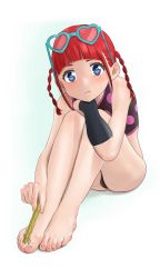 1girl absurdres asukagawa_chise barefoot blue_eyes blush feet foot_focus foreshortening glasses_on_head gridman_universe highres long_hair looking_at_viewer mole mole_under_mouth red_hair shirow_(mha03133) simple_background solo ssss.dynazenon toes white_background rating:Sensitive score:56 user:FabricioDias