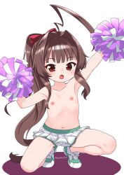  1girl :o ahoge armpits arms_up artist_name blunt_bangs bow brown_hair cameltoe cheering cheerleader collarbone commentary_request green_footwear hair_bow holding holding_pom_poms kantai_collection kuma_(kancolle) light_blush loli long_hair looking_at_viewer miniskirt nassukun navel nipples nude open_mouth pleated_skirt pom_pom_(cheerleading) pom_poms ponytail red_bow red_eyes shirt shoes shorts shorts_under_skirt sidelocks simple_background skirt sneakers solo squatting tareme topless two-tone_footwear variant_set very_long_hair white_background white_shirt  rating:Questionable score:8 user:danbooru