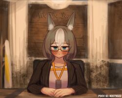  1girl absurdres animal_ear_fluff animal_ears arknights blue_eyes blush breaking_bad commentary commentary_request english_commentary formal glasses grey_hair highres id_card mixed-language_commentary multicolored_hair pinstripe_pattern pinstripe_suit pixiv_id proviso_(arknights) semi-rimless_eyewear sitting solo suit turnip_eh two-tone_hair white_hair 