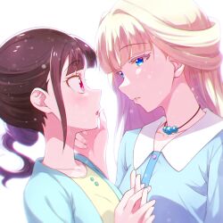  2girls blonde_hair blue_eyes blunt_bangs blush brown_hair collarbone commentary_request eye_contact highres holding_hands jewelry kyoutsuugengo long_hair looking_at_another multiple_girls necklace nekoyashiki_mayu nekoyashiki_yuki parted_lips precure red_eyes shirt simple_background upper_body white_background wonderful_precure! yuri 