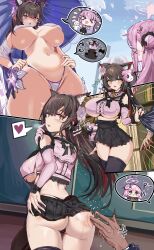  &gt;_&lt; 1boy 2girls absurdres anger_vein animal_ear_fluff animal_ears ass bikini black_hair black_panties black_skirt black_thighhighs blue_archive blush breasts cameltoe cleft_of_venus clothes_grab cowboy_shot crop_top detached_sleeves flower fox_ears fox_girl from_below hair_bun hair_flower hair_ornament halo hands_on_own_hips heart heart-shaped_pupils highres incredibly_absurdres large_breasts long_hair looking_back looking_down mika_(blue_archive) multiple_girls musical_note navel open_mouth oshiokitime panties parasol pink_hair pink_halo red_halo simple_background single_side_bun skirt slap_mark spanked speech_bubble spoken_character spoken_heart sweat swimsuit symbol-shaped_pupils tearing_up thighhighs umbrella underwear wakamo_(blue_archive) wakamo_(swimsuit)_(blue_archive) white_background white_bikini yellow_eyes 