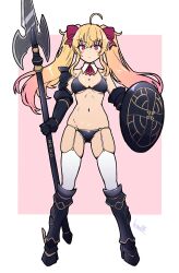  1girl 2024 arm_armor armor batta_16-sei bikini bikini_armor black_bikini black_bra black_panties blonde_hair bra breasts cleavage detached_collar expressionless garter_straps hair_ribbon halberd highres holding holding_polearm holding_shield holding_weapon large_breasts leg_armor long_hair looking_at_viewer medium_breasts navel nijisanji panties polearm purple_eyes red_ribbon ribbon shield signature simple_background skindentation solo spear swimsuit takamiya_rion thighhighs twintails underwear virtual_youtuber weapon white_thighhighs 