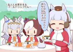  3girls :d :t ^_^ animal_ears blush_stickers bow brown_hair brown_hat chibi chikuwa closed_eyes closed_mouth cup day ear_bow ear_covers eating facing_viewer fence food gold_ship_(umamusume) gomashio_(goma_feet) grey_hair hat holding holding_cup holding_food holding_saucer horse_ears horse_girl horse_tail jacket long_hair long_sleeves mini_hat multicolored_hair multiple_girls oguri_cap_(umamusume) on_chair open_mouth outdoors pants pantyhose purple_bow red_jacket red_pantyhose saucer sitting sleeves_past_wrists smile special_week_(umamusume) table tail teacup teapot track_jacket track_pants track_suit translation_request two-tone_hair umamusume very_long_hair wavy_mouth white_hair wooden_fence |_| 