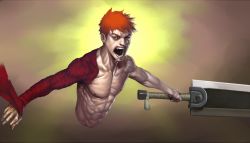  1990s_(style) 1boy bad_id bad_pixiv_id berserk crossover dragonslayer_(sword) emiya_shirou fate/stay_night fate_(series) male_focus manly muscular realistic red_eyes red_hair ribbon shiba_(berryeater) topless_male sword weapon 